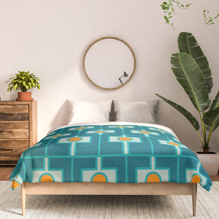 Mid Century Modern Rektangel Geometric Pattern Teal Aqua Orange Comforter Gallery Image 3