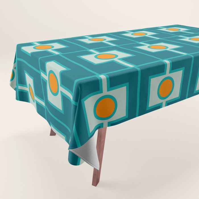 Mid Century Modern Rektangel Geometric Pattern Teal Aqua Orange Tablecloth Gallery Image 1