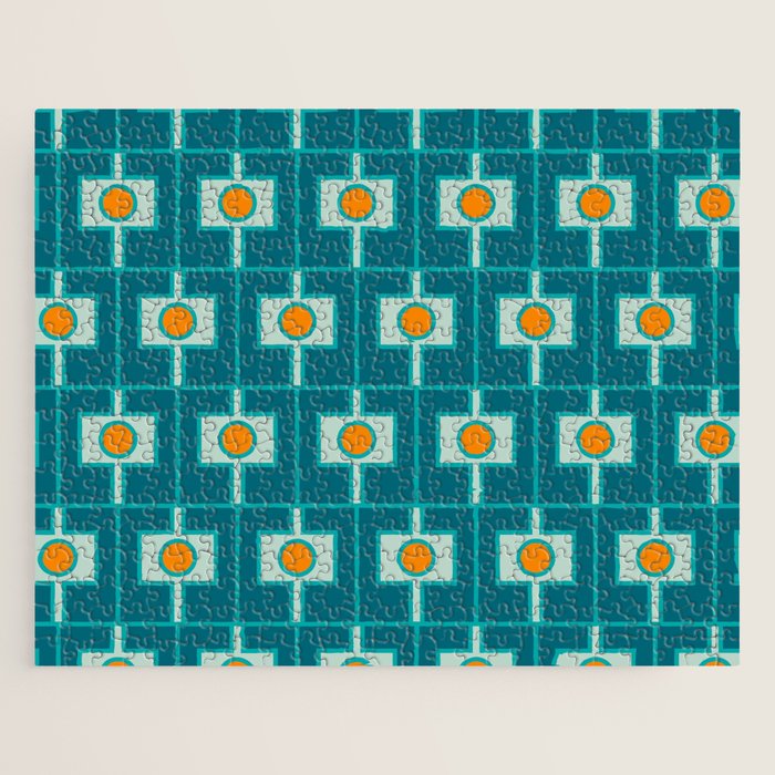 Mid Century Modern Rektangel Geometric Pattern Teal Aqua Orange Jigsaw Puzzle Gallery Image 1