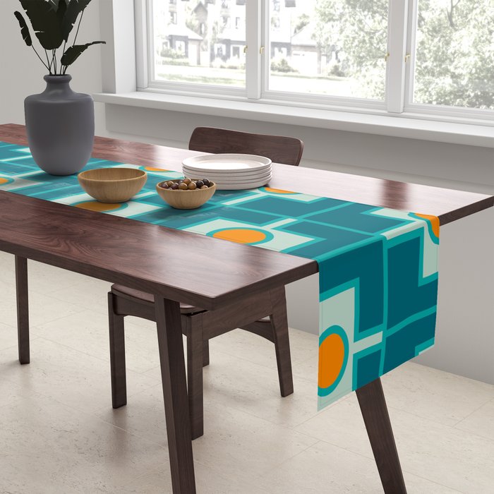 Mid Century Modern Rektangel Geometric Pattern Teal Aqua Orange Table Runner Gallery Image 2