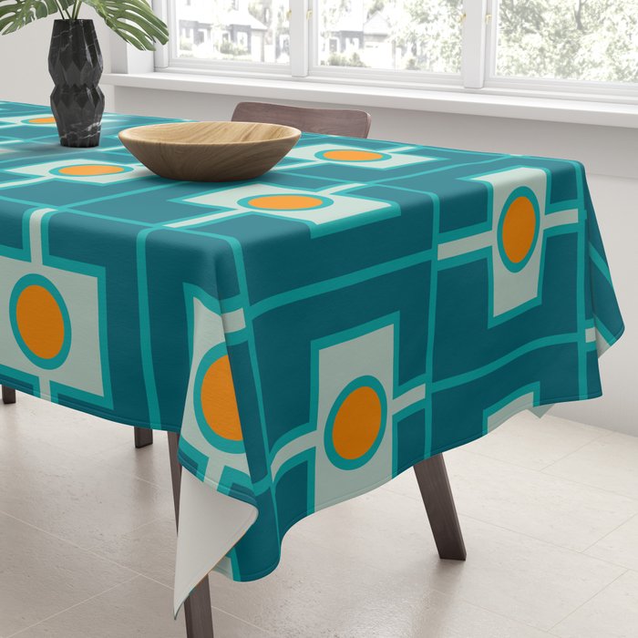 Mid Century Modern Rektangel Geometric Pattern Teal Aqua Orange Tablecloth Gallery Image 3