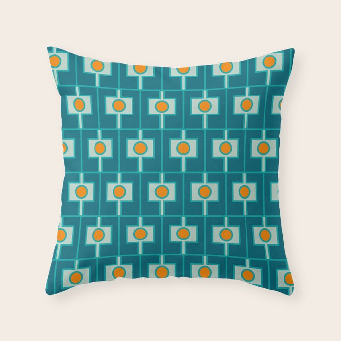 Mid Century Modern Rektangel Geometric Pattern Teal Aqua Orange Throw Pillow Gallery Image 1