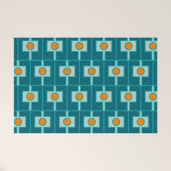 Mid Century Modern Rektangel Geometric Pattern Teal Aqua Orange Welcome Mat Gallery Image 1