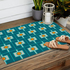 Mid Century Modern Rektangel Geometric Pattern Teal Aqua Orange Outdoor Rug Gallery Image 2