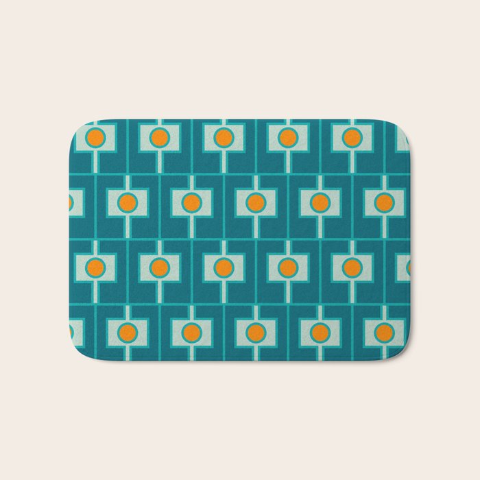 Mid Century Modern Rektangel Geometric Pattern Teal Aqua Orange Bath Mat Gallery Image 1