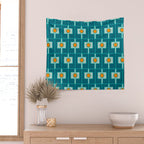 Mid Century Modern Rektangel Geometric Pattern Teal Aqua Orange Wall Tapestry Gallery Image 2