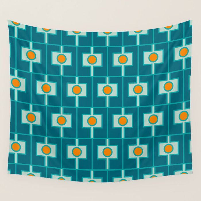 Mid Century Modern Rektangel Geometric Pattern Teal Aqua Orange Wall Tapestry Gallery Image 4