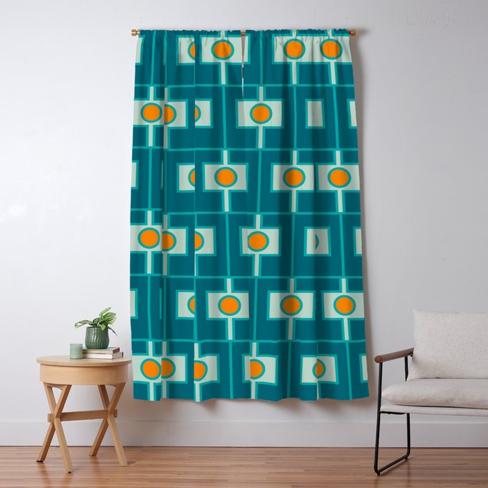 Mid Century Modern Rektangel Geometric Pattern Teal Aqua Orange Window Curtain Gallery Image 1