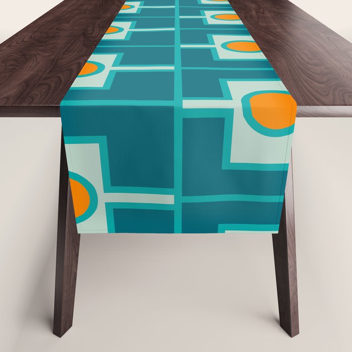 Mid Century Modern Rektangel Geometric Pattern Teal Aqua Orange Table Runner Gallery Image 1