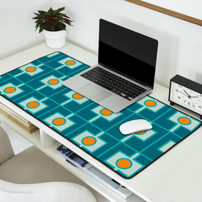 Mid Century Modern Rektangel Geometric Pattern Teal Aqua Orange Desk Mat Gallery Image 2