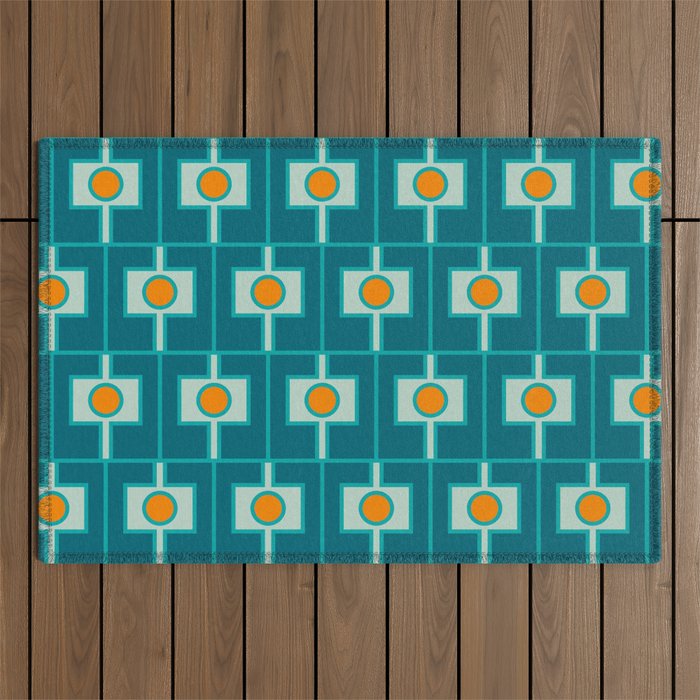 Mid Century Modern Rektangel Geometric Pattern Teal Aqua Orange Outdoor Rug Gallery Image 1