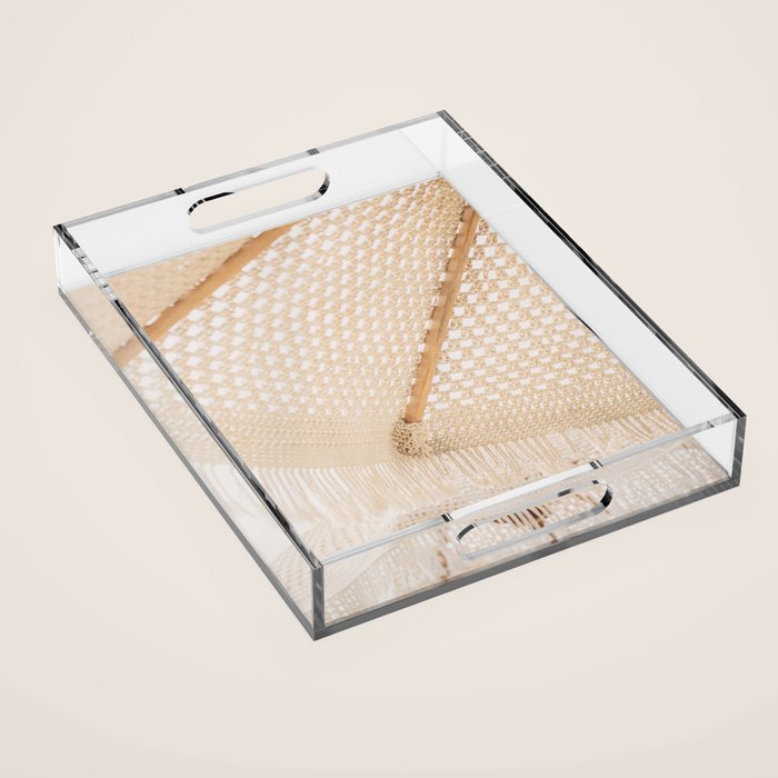 Boho crochet beach umbrella close-up, neutral minimalist summer photo Acrylic Tray Gallery Image 1