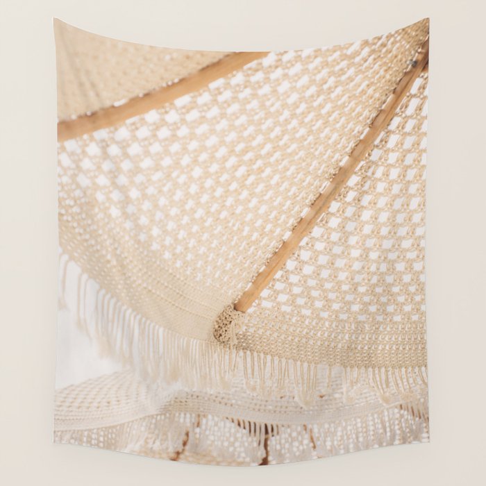 Boho crochet beach umbrella close-up, neutral minimalist summer photo Wall Tapestry Gallery Image 1