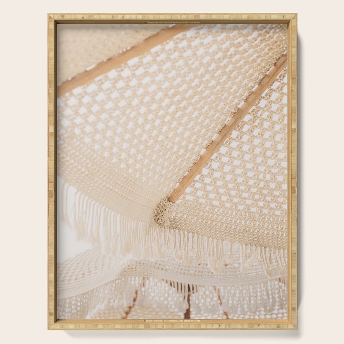 Boho crochet beach umbrella close-up, neutral minimalist summer photo Serving Tray Gallery Image 1