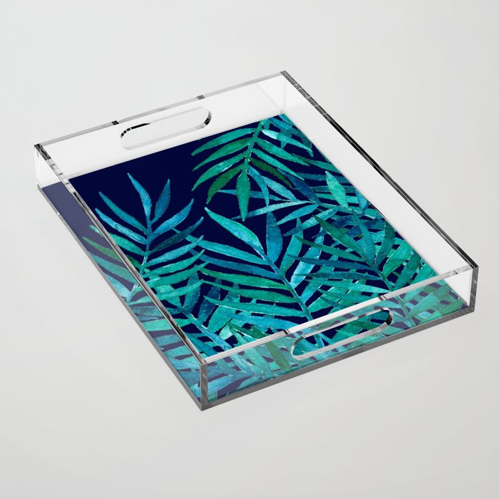 Watercolor Palm Leaves on Navy Acrylic Tray Gallery Image 1