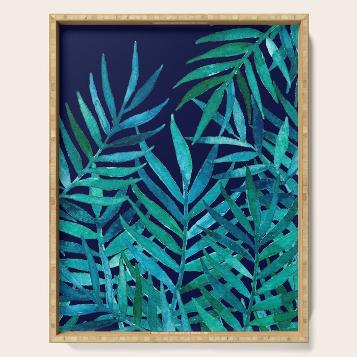 Watercolor Palm Leaves on Navy Serving Tray Gallery Image 1