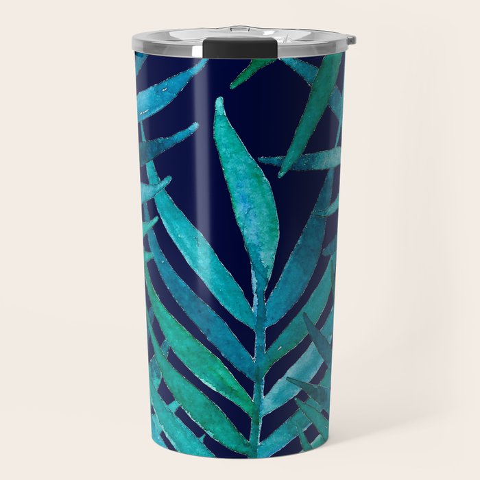 Watercolor Palm Leaves on Navy Travel Mug Gallery Image 1