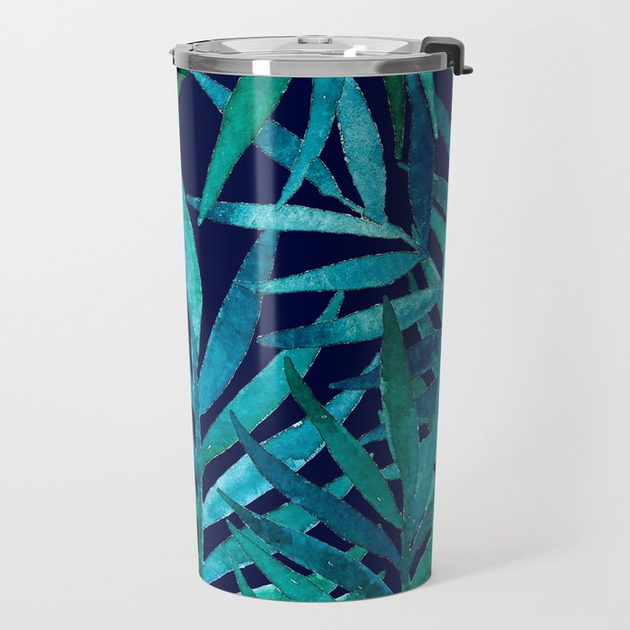 Watercolor Palm Leaves on Navy Travel Mug Gallery Image 2