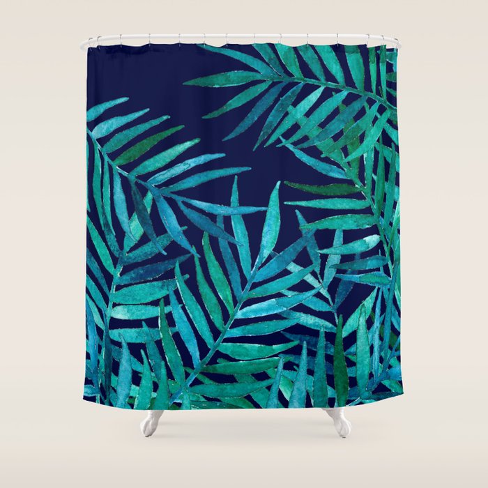 Watercolor Palm Leaves on Navy Shower Curtain Gallery Image 1