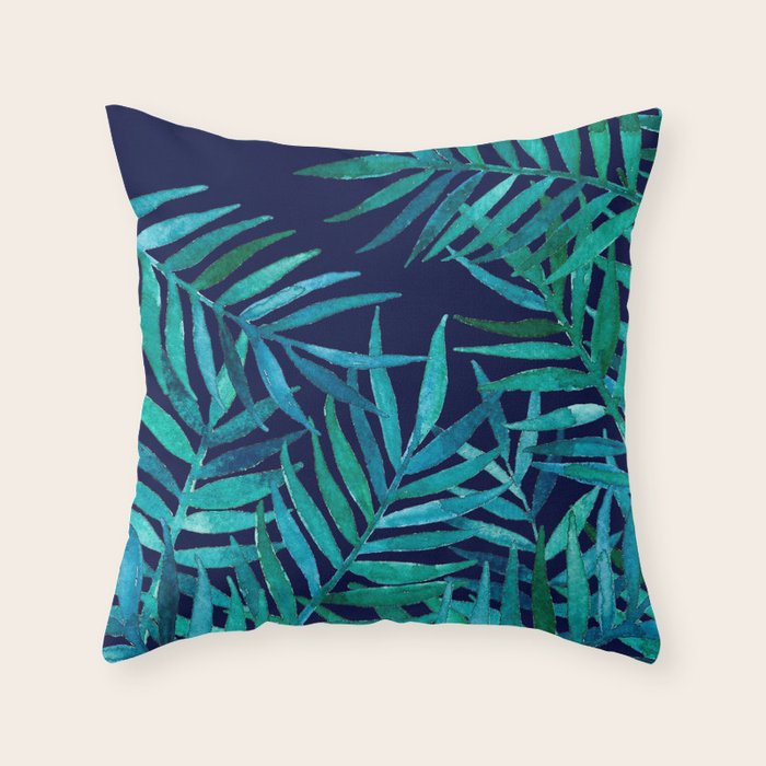 Watercolor Palm Leaves on Navy Throw Pillow Gallery Image 1