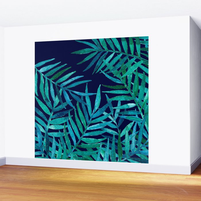 Watercolor Palm Leaves on Navy Wall Mural Gallery Image 2