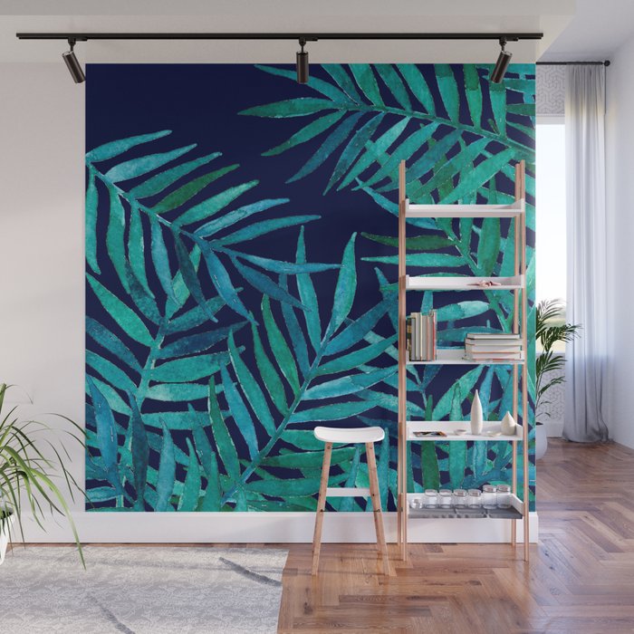 Watercolor Palm Leaves on Navy Wall Mural Gallery Image 1