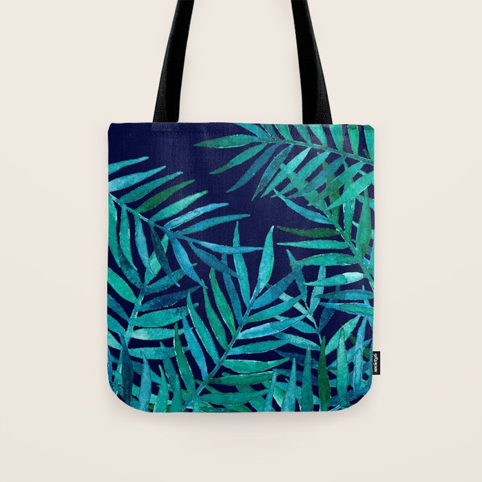 Watercolor Palm Leaves on Navy Tote Bag Gallery Image 1