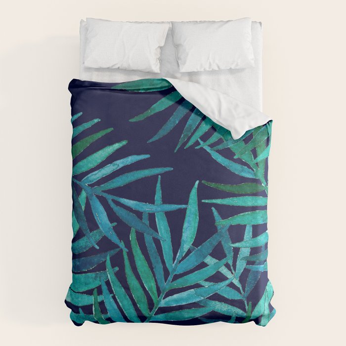 Watercolor Palm Leaves on Navy Duvet Cover Gallery Image 1