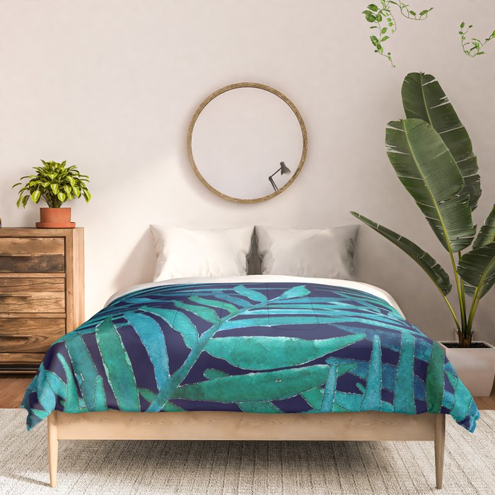 Watercolor Palm Leaves on Navy Comforter Gallery Image 3