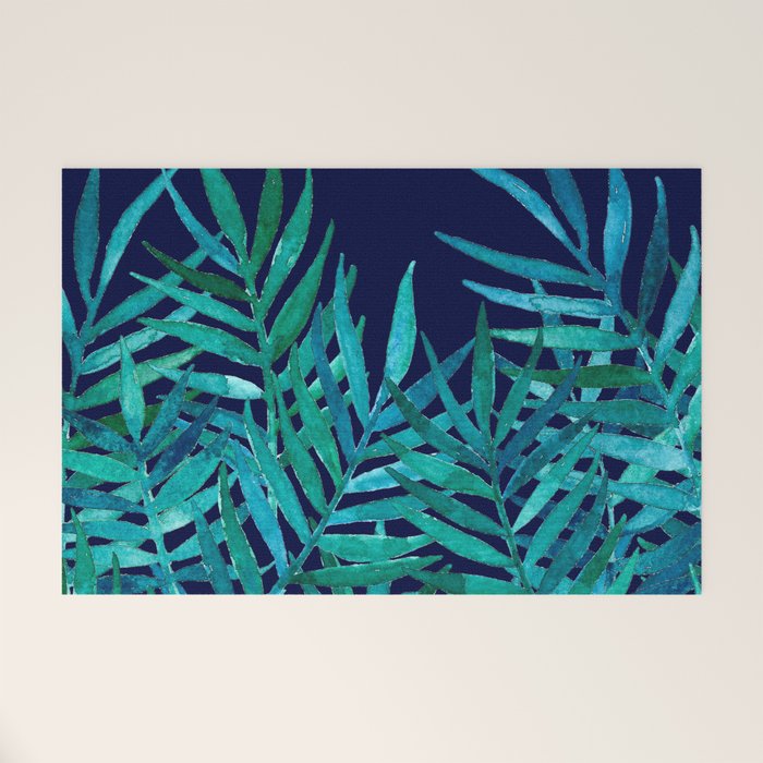 Watercolor Palm Leaves on Navy Welcome Mat Gallery Image 1