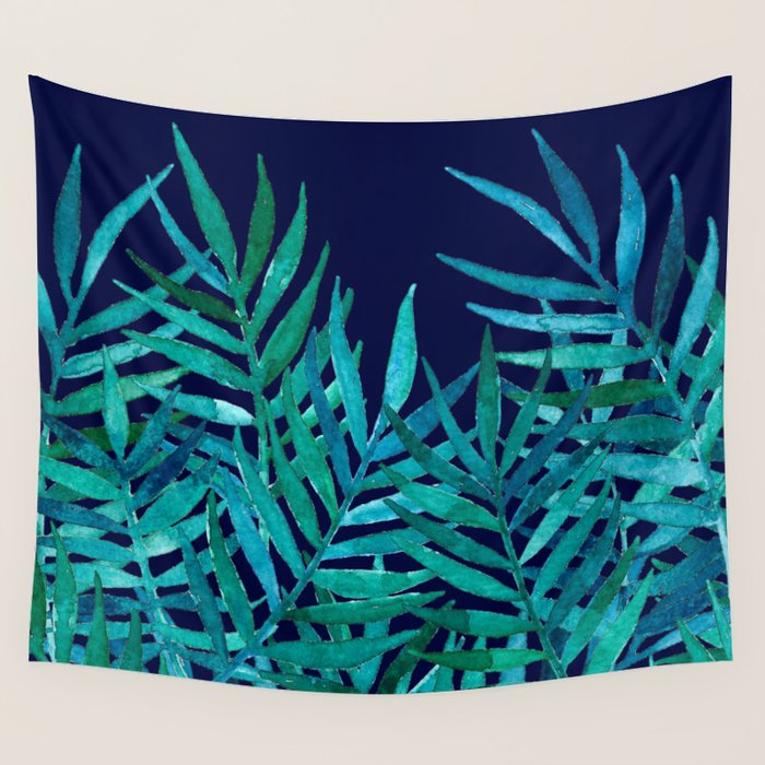 Watercolor Palm Leaves on Navy Wall Tapestry Gallery Image 4