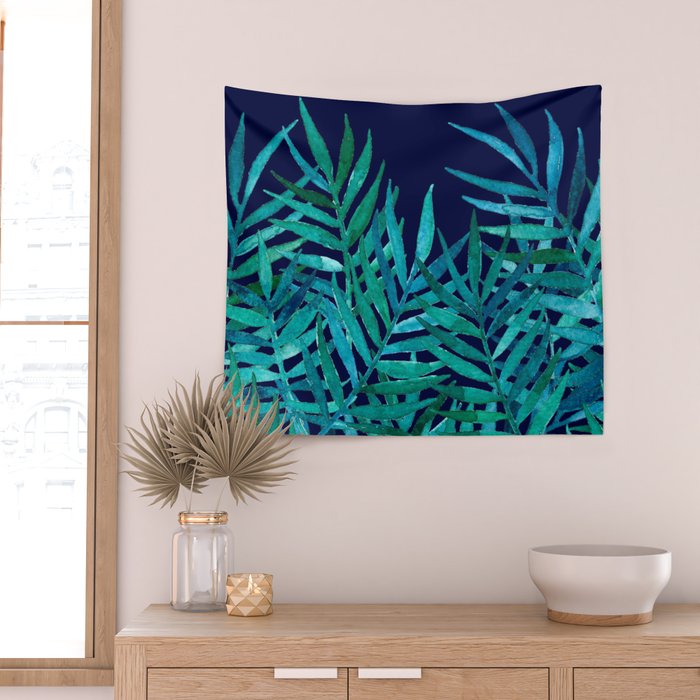 Watercolor Palm Leaves on Navy Wall Tapestry Gallery Image 2