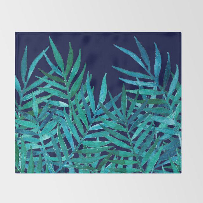 Watercolor Palm Leaves on Navy Throw Blanket Gallery Image 2