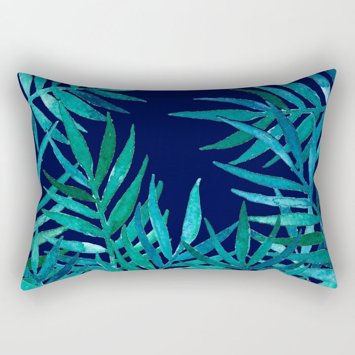 Watercolor Palm Leaves on Navy Rectangular Pillow Gallery Image 2