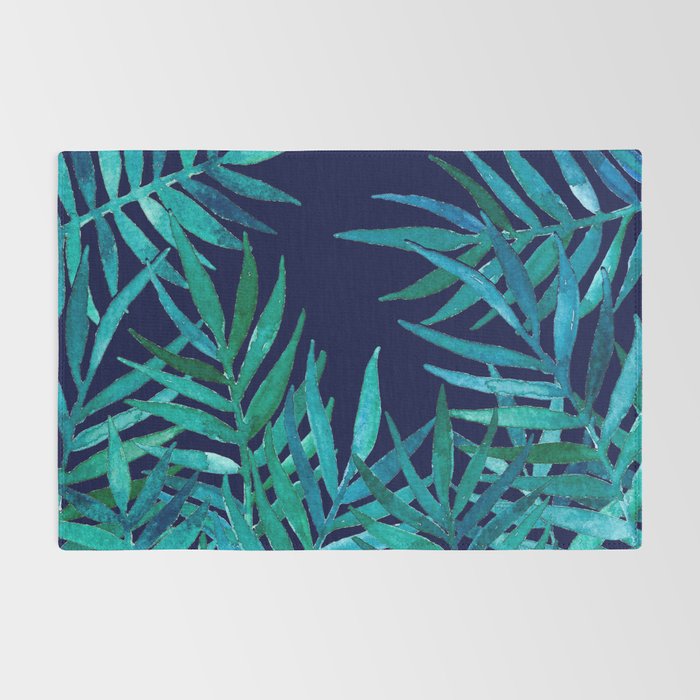 Watercolor Palm Leaves on Navy Rug Gallery Image 2