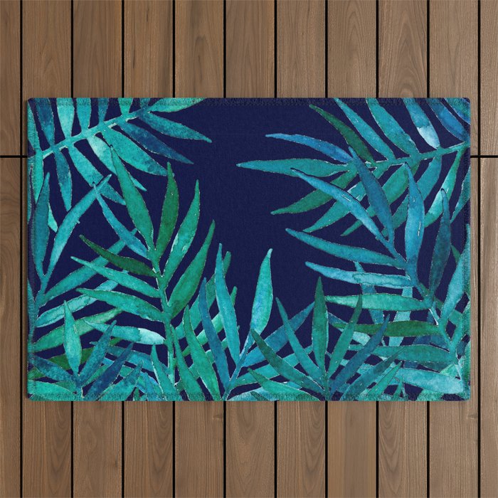 Watercolor Palm Leaves on Navy Outdoor Rug Gallery Image 1