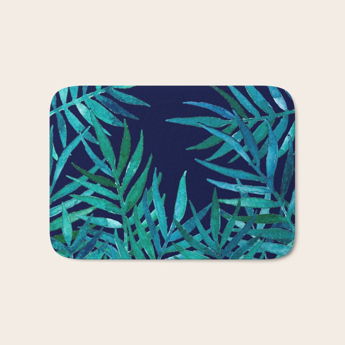 Watercolor Palm Leaves on Navy Bath Mat Gallery Image 1