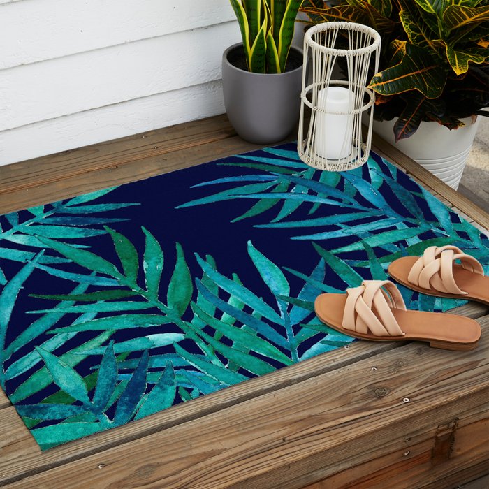 Watercolor Palm Leaves on Navy Outdoor Rug Gallery Image 2
