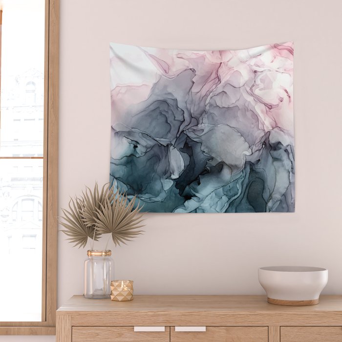 Blush and Payne's Grey Flowing Abstract Painting Wall Tapestry Gallery Image 2