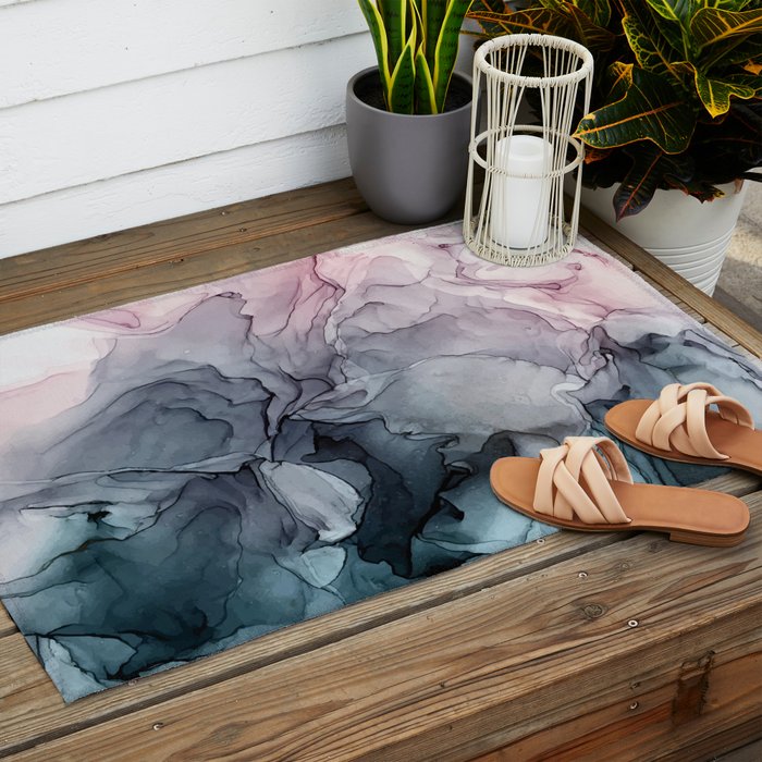 Blush and Payne's Grey Flowing Abstract Painting Outdoor Rug Gallery Image 2