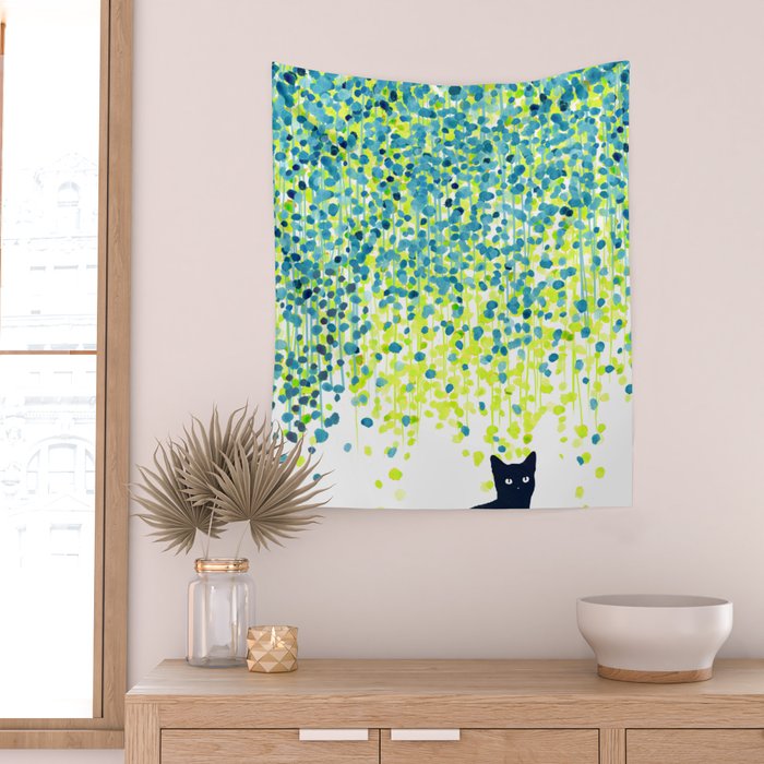 Cat in the garden under willow tree Wall Tapestry Gallery Image 2