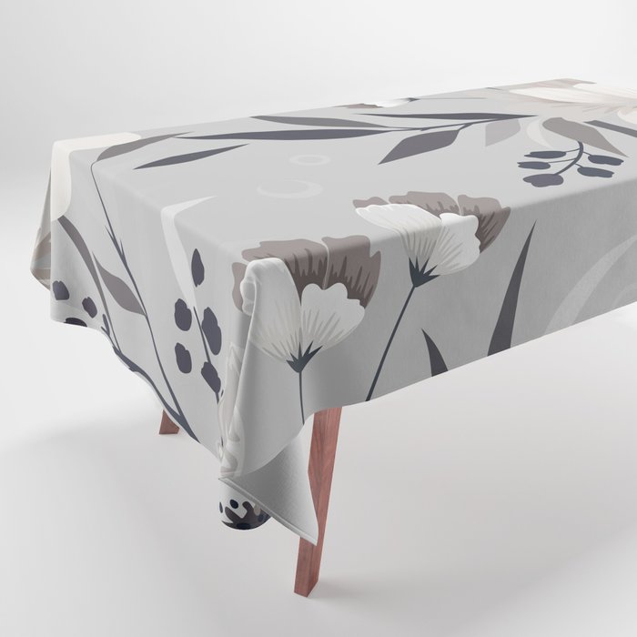 Modern, Boho, Floral Prints, Gray and White Tablecloth Gallery Image 1
