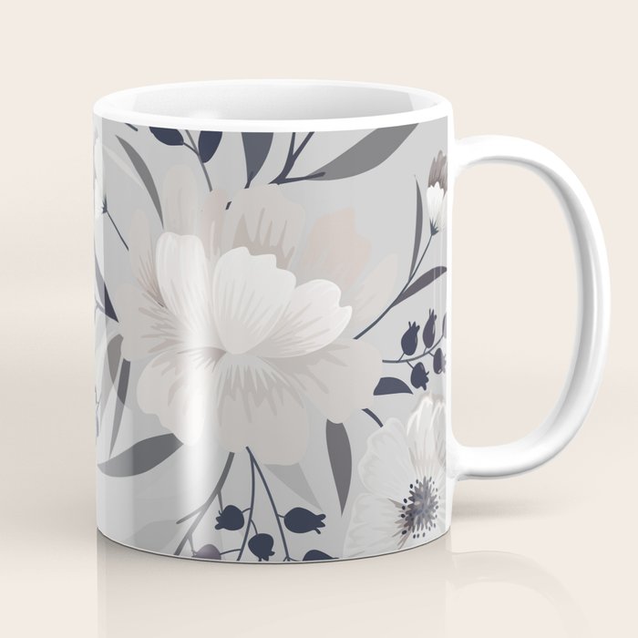 Modern, Boho, Floral Prints, Gray and White Coffee Mug Gallery Image 1