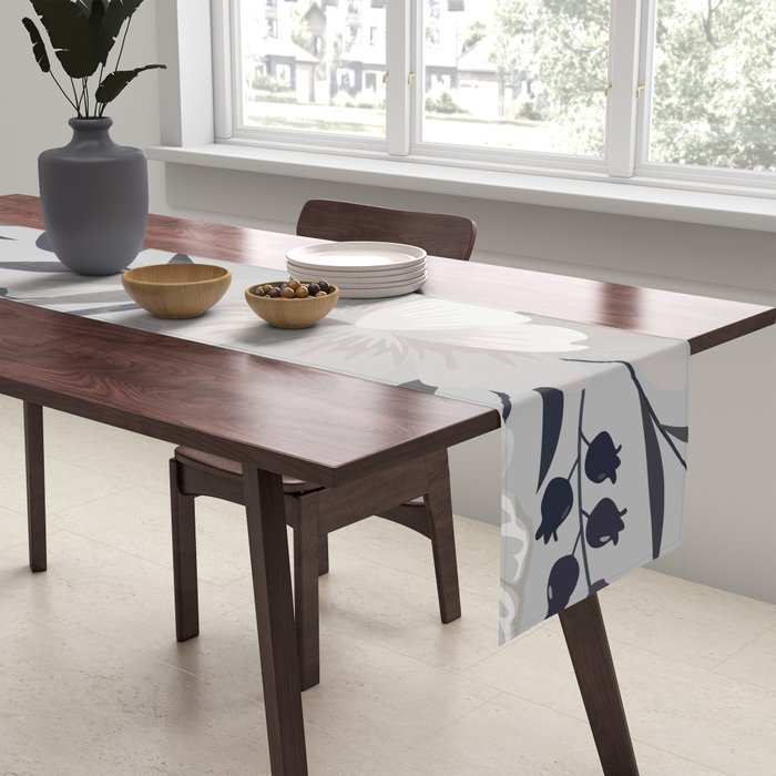 Modern, Boho, Floral Prints, Gray and White Table Runner Gallery Image 2