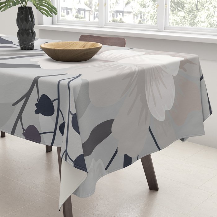 Modern, Boho, Floral Prints, Gray and White Tablecloth Gallery Image 3