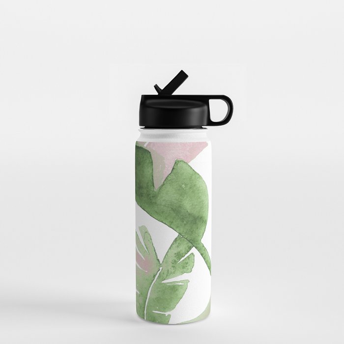 Tropical Leaves Green And Pink Water Bottle Gallery Image 1