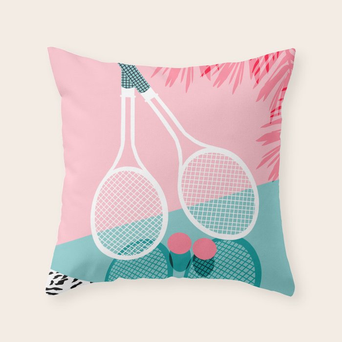 Sportin' - retro minimal pastel neon throwback memphis style pop art tennis sport court player Throw Pillow Gallery Image 1