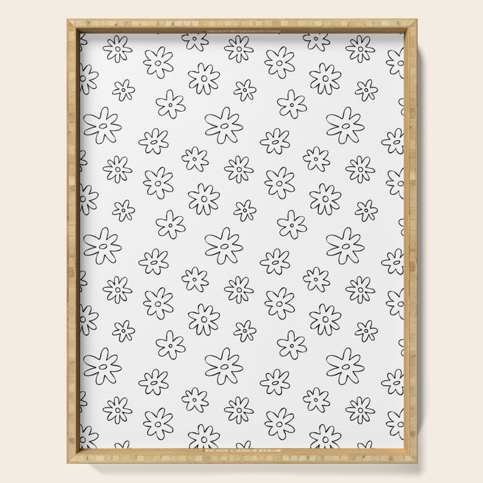 Black and white flower doodle art pattern Serving Tray Gallery Image 1