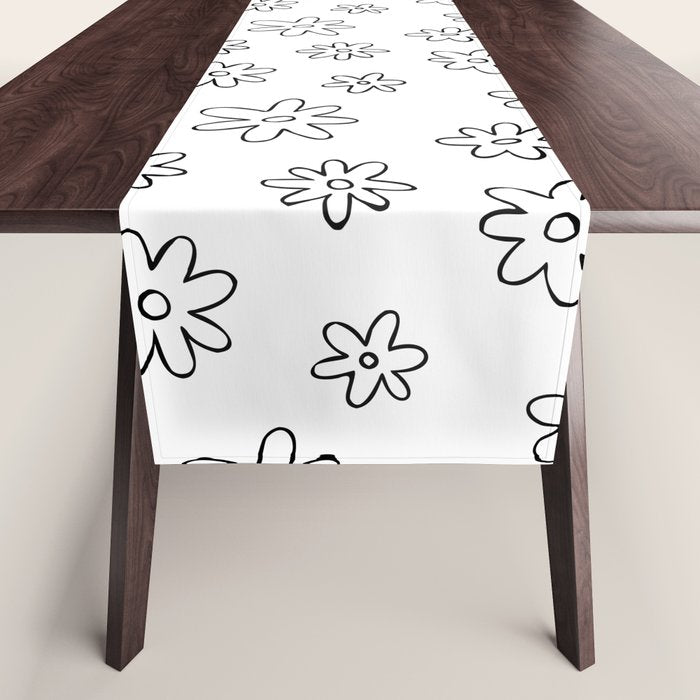 Black and white flower doodle art pattern Table Runner Gallery Image 1