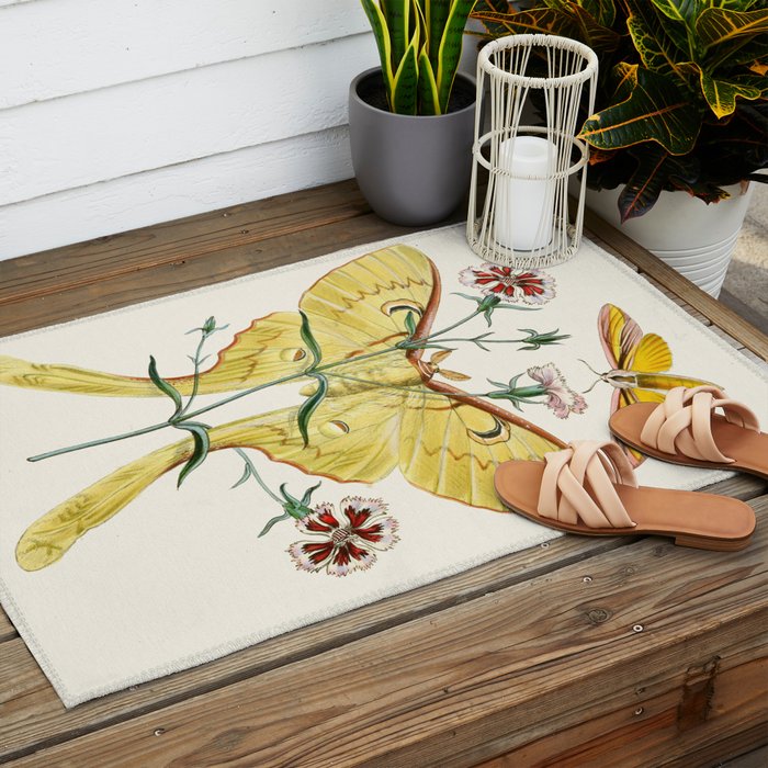Vintage Yellow Luna Moth with Wildflowers Outdoor Rug Gallery Image 2
